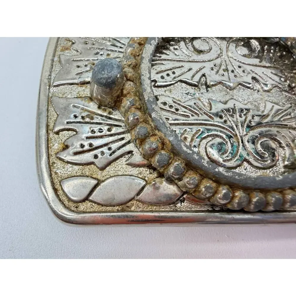 Vintage Western Floral Engraved Belt Buckle Silver Tone Made In USA Rustic